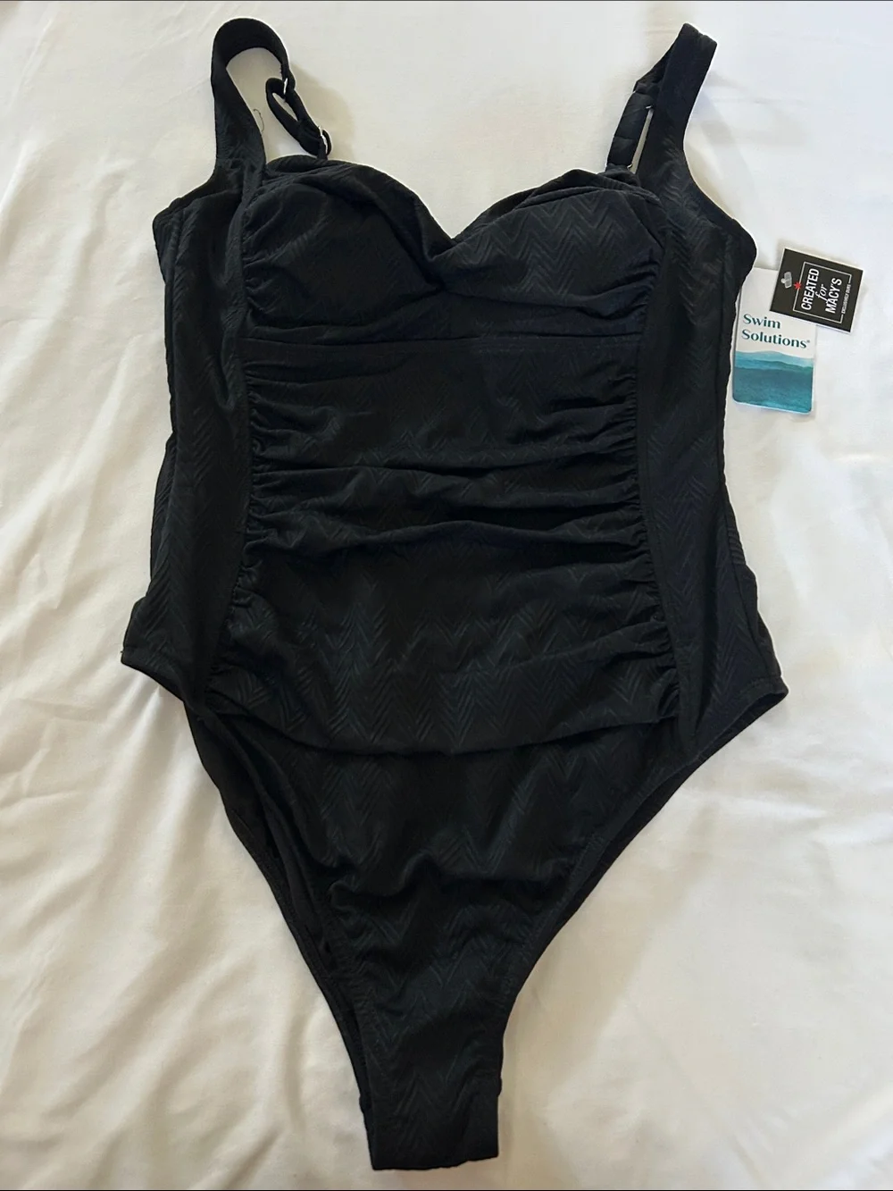 NWT Swim Solutions Black Textured Ruched Tummy Control One Piece - Size 12